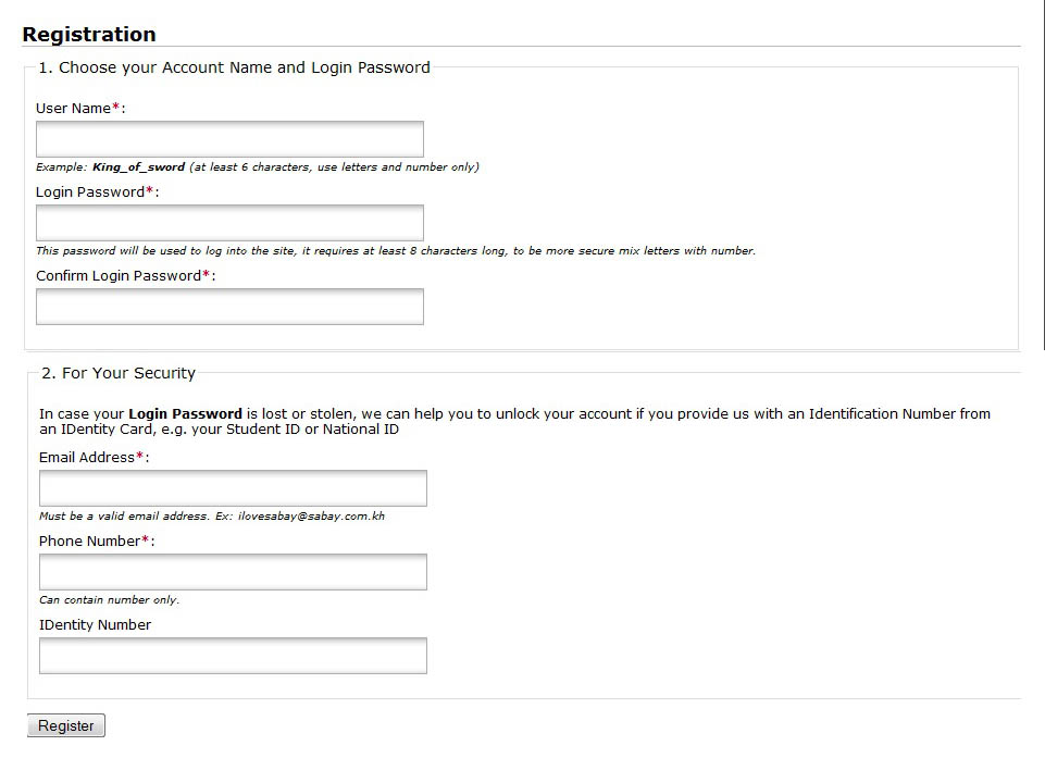 Create user name and password